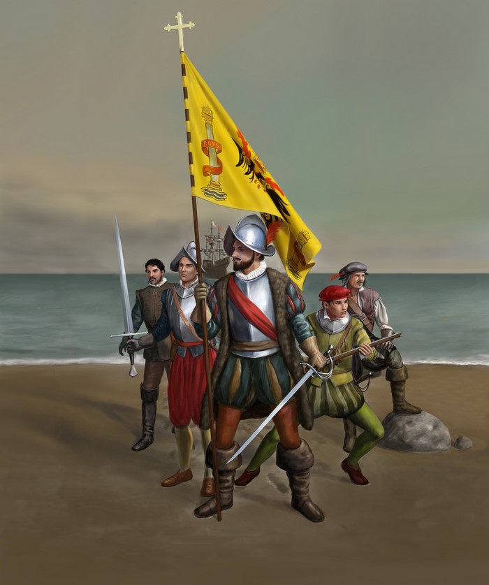 Conquistadors with Flag on a Beach