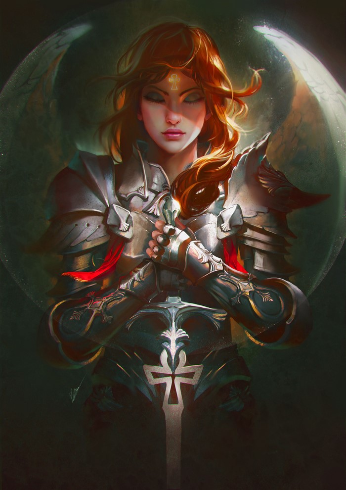 Angel warrior with sword and ankh symbol