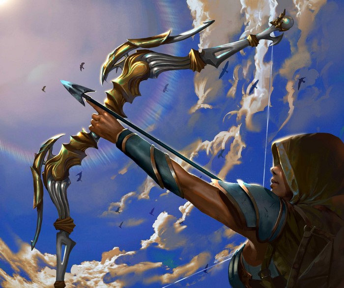Archer aiming a bow and arrow against a cloudy sky