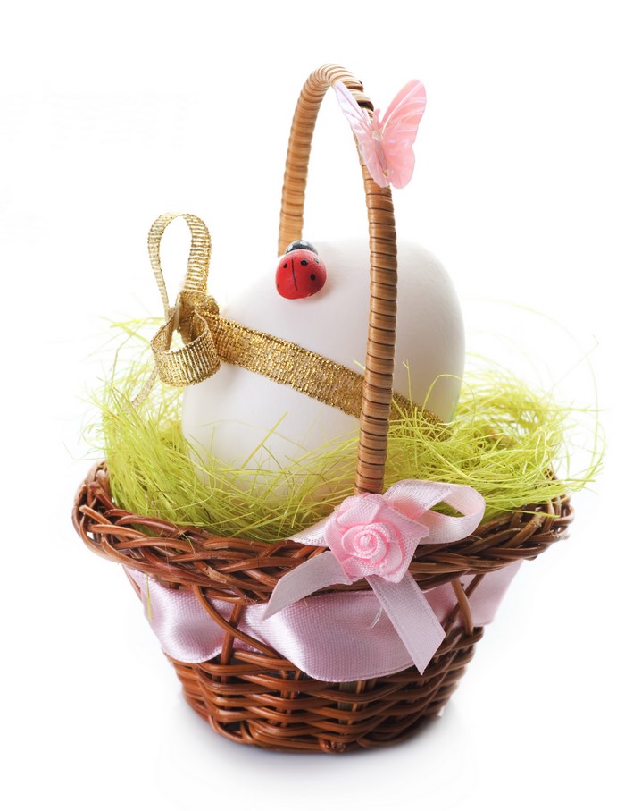 Easter egg in a wicker basket with decorations