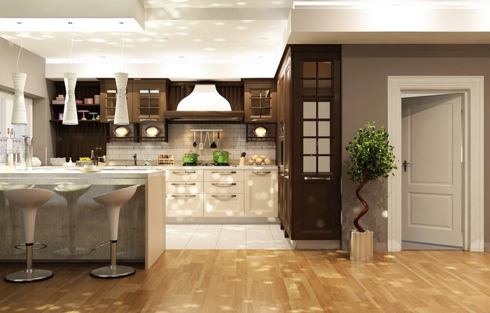 Modern Kitchen Interior with Island and Bar Stools