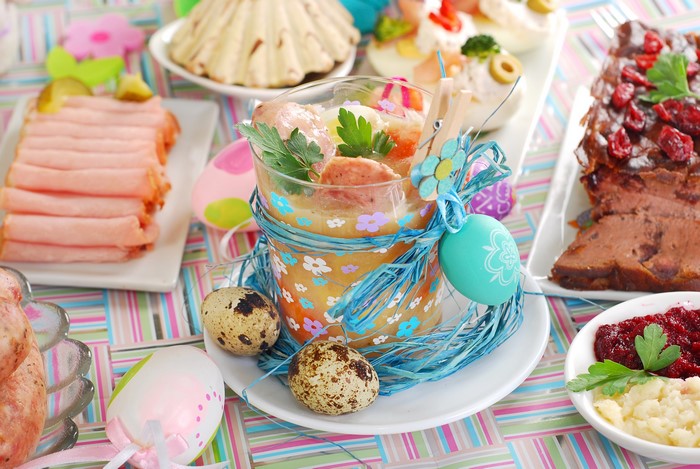 Easter Table with Ham, Eggs, and Soup