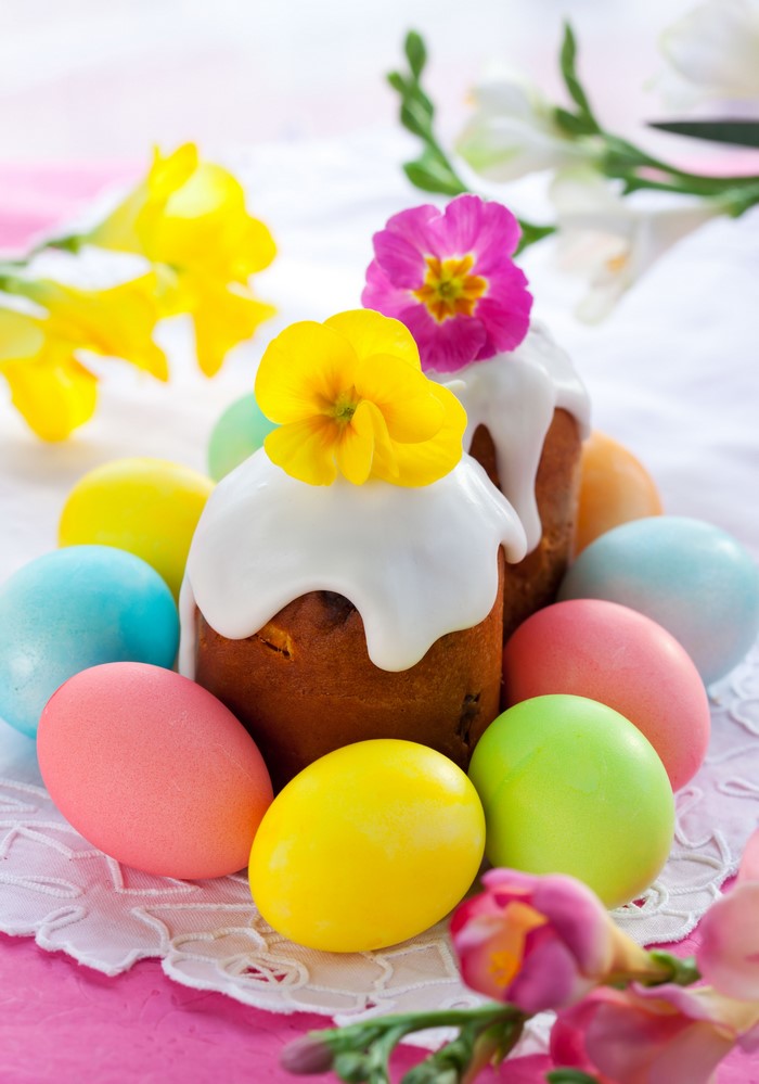Easter Kulich Cakes and Painted Eggs with Flowers