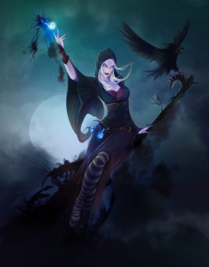 Witch casting magic with crows and moon