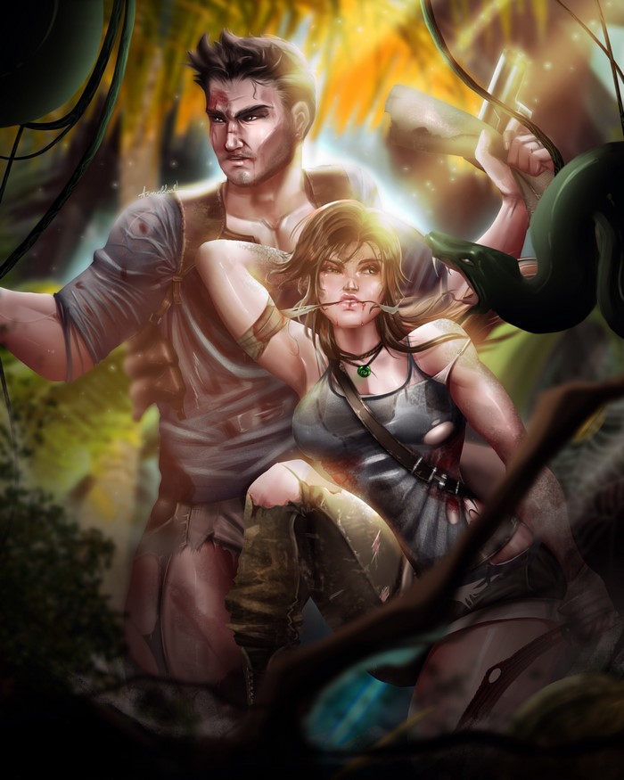 Nathan Drake and Lara Croft fighting a snake