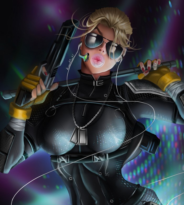 Cassie Cage from Mortal Kombat with pistols and sunglasses