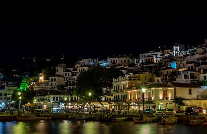 Skopelos Greece at Night with Boats and Houses