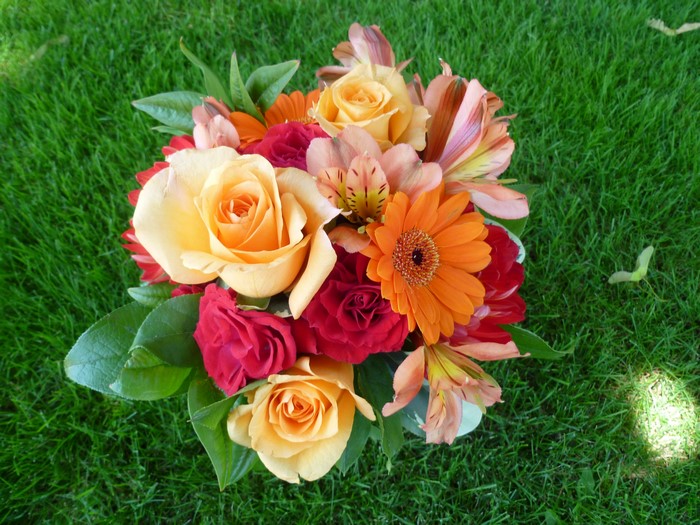 Bouquet of Roses, Gerberas, and Alstroemeria on Grass