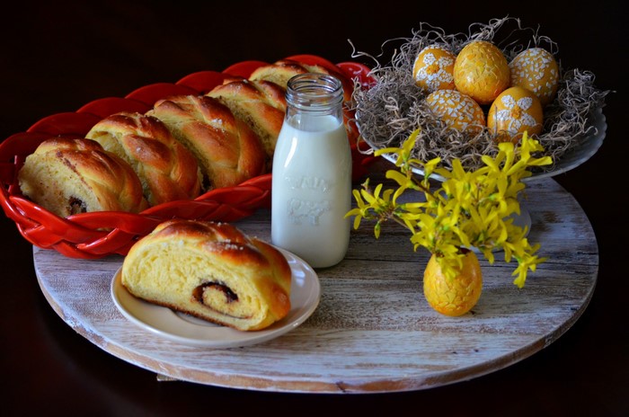 Easter still life with braided buns and milk