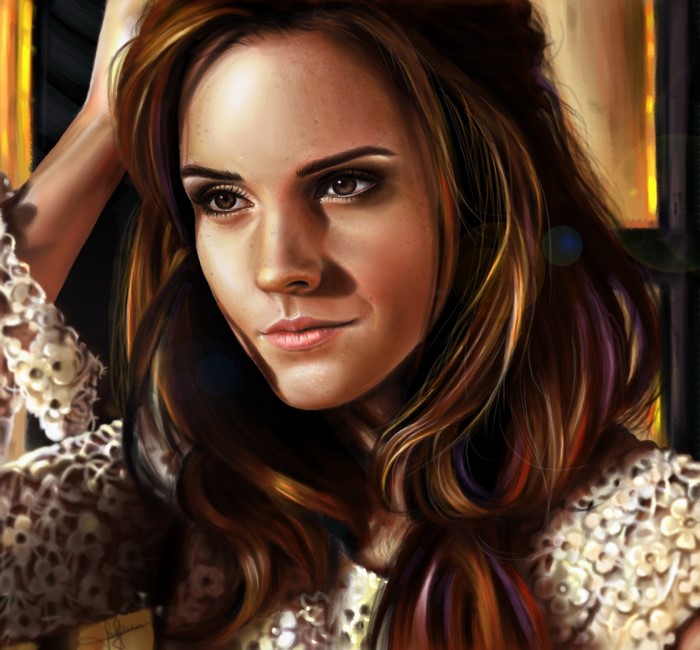 Painting of Emma Watson with brown hair
