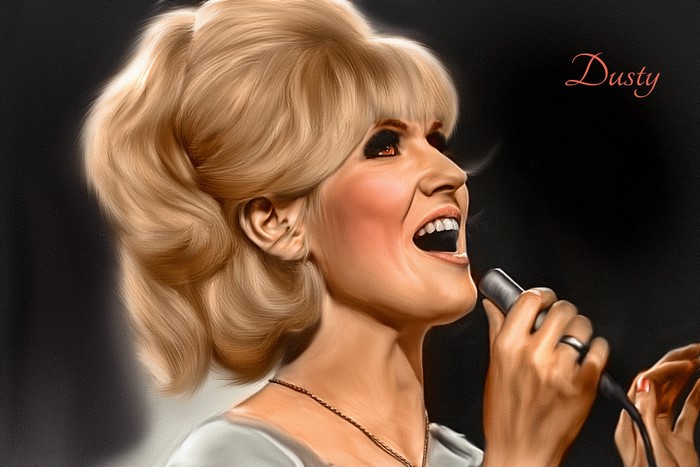 Dusty Springfield singing into a microphone