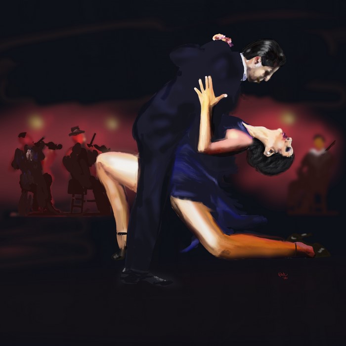 Painting of a couple dancing tango with musicians in the background