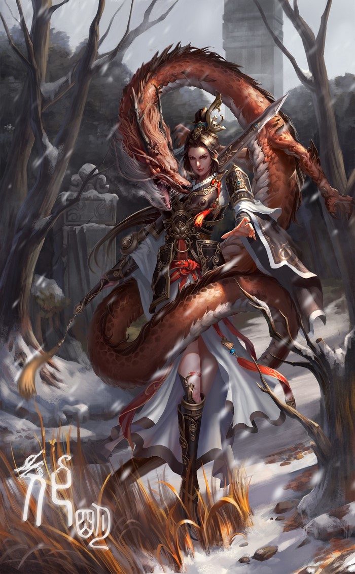Warrior Woman with Dragon in Snowy Forest
