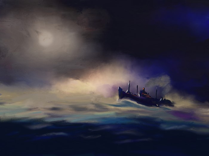Ship in rough seas under a cloudy sky