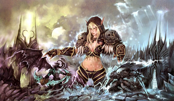 Sylvanas Windrunner from World of Warcraft with demons and knights