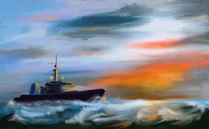 Painting of HMCS Brandon (MM 710) sailing on the ocean