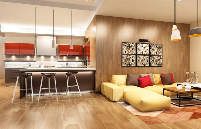 Modern kitchen and living room interior design