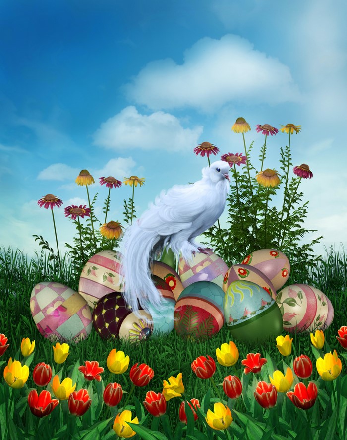 Easter Dove with Decorated Eggs and Flowers