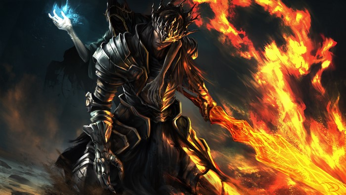 Lorian and Lothric from Dark Souls with fire sword