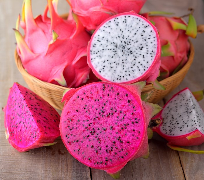 Dragon Fruit in a Basket on Wood Planks