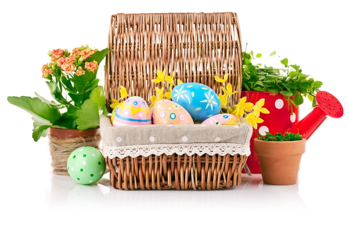 Easter Eggs in Wicker Basket with Plants