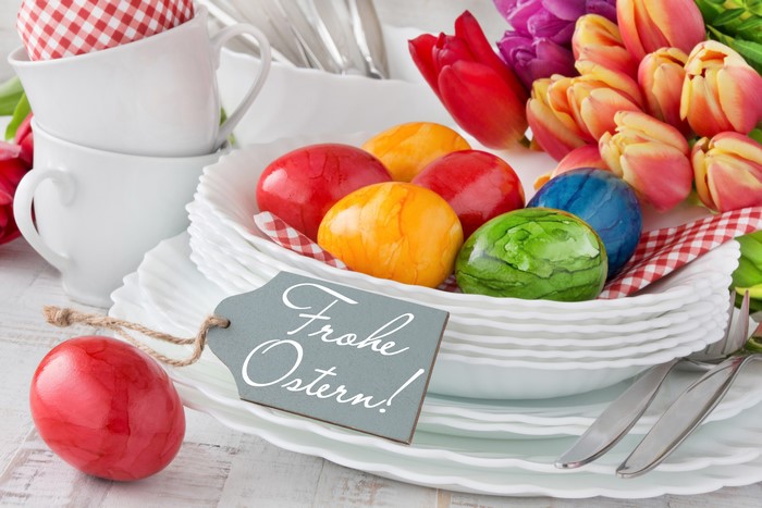 Easter Tulips and Eggs with German Greeting
