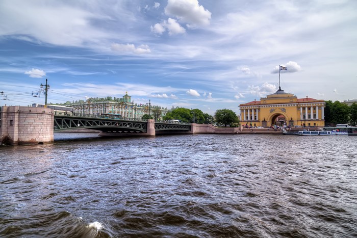 Admiralty Building and Palace Bridge over Neva River in St. Petersburg