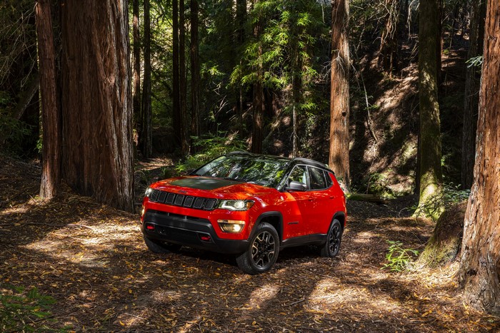 Red 2017 Jeep Compass Trailhawk in Forest