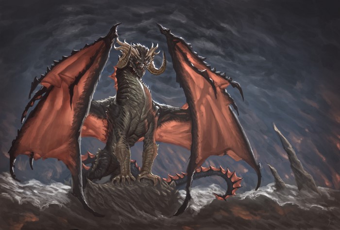 A fearsome dragon with red wings and horns