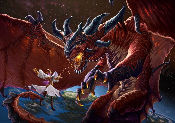 Dragon fighting a person in space