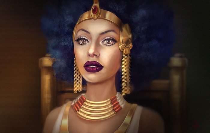 Cleopatra wearing gold jewelry and blue afro