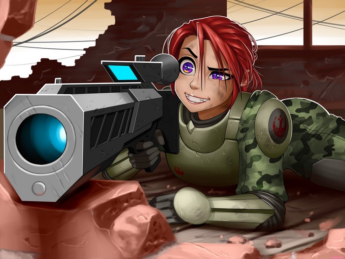 Redhead girl with sniper rifle in ruins