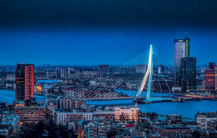 Erasmus Bridge and Rotterdam Skyline at Night