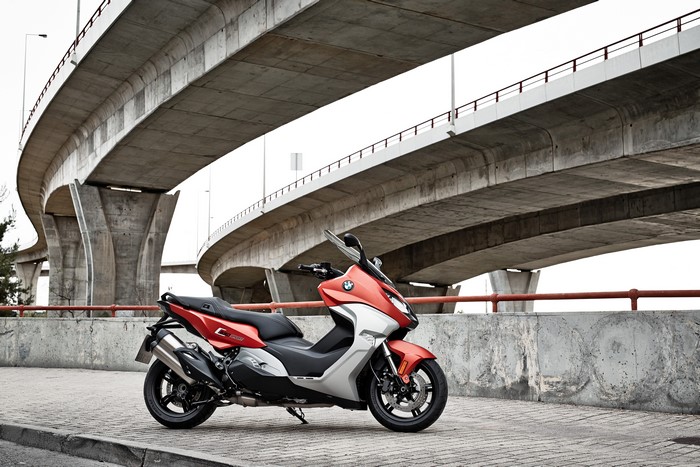BMW C 650 Sport scooter under concrete overpasses