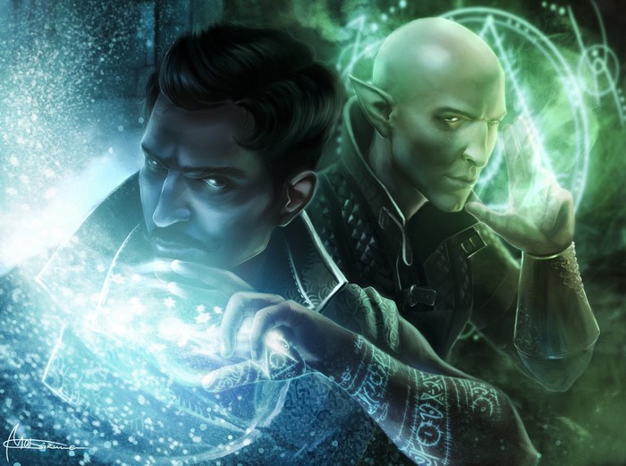 Dorian Pavus and Solas from Dragon Age casting magic
