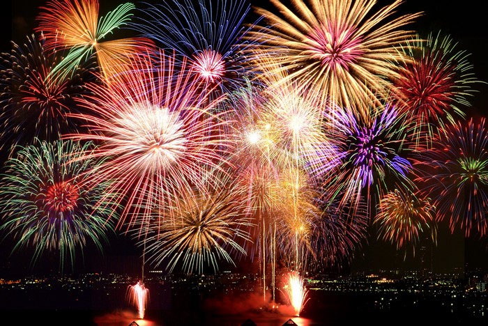 4K Fireworks Display Over City at Night