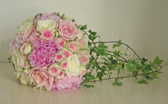 Pink and white rose and peony bouquet with ivy