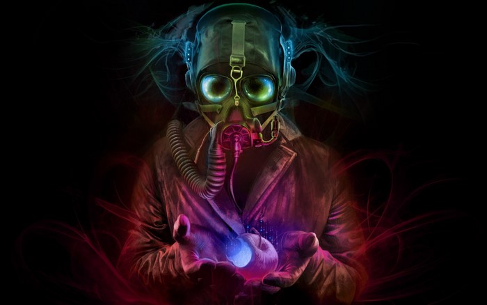 Man in gas mask holding glowing apple