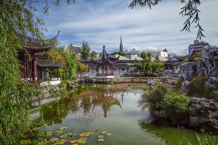 Chinese Garden with Pond and Pagodas in Dunedin, New Zealand