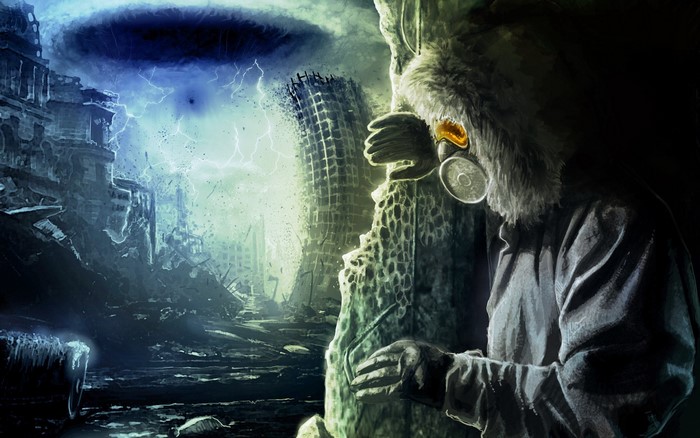 Post-apocalyptic survivor in a ruined city with lightning storm