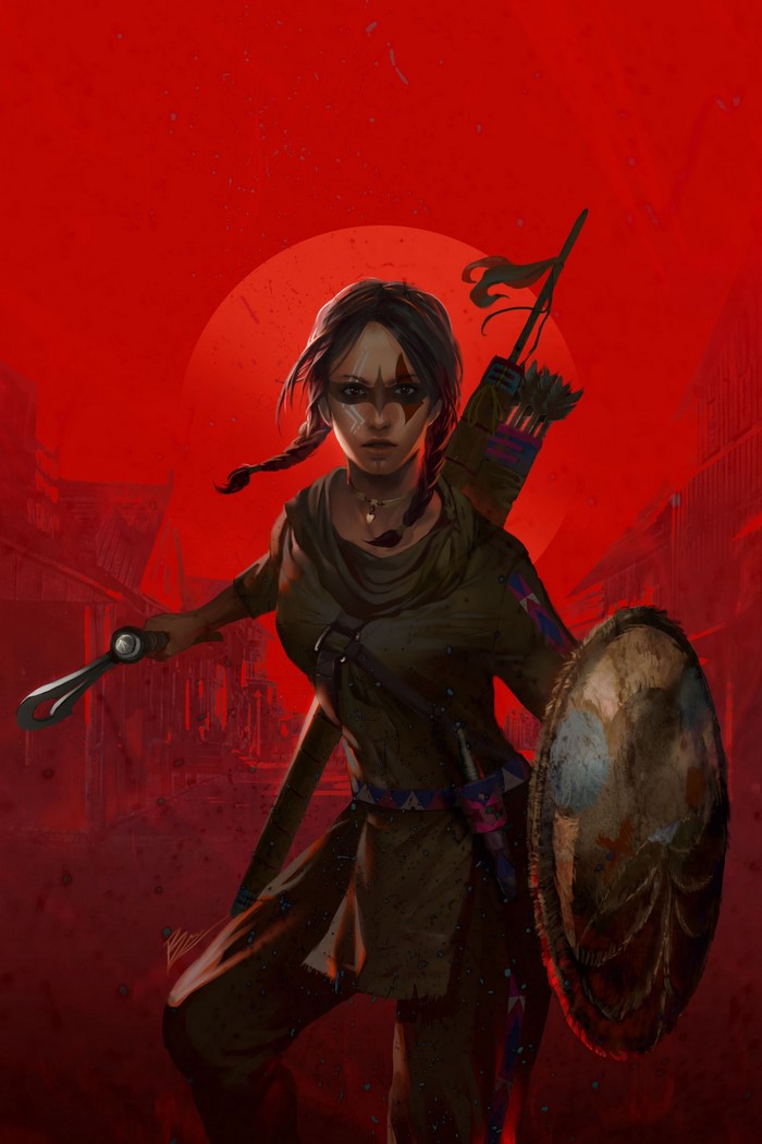 Warrior woman with bow and shield