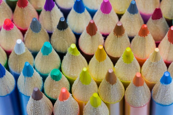 Macro view of sharpened colored pencils