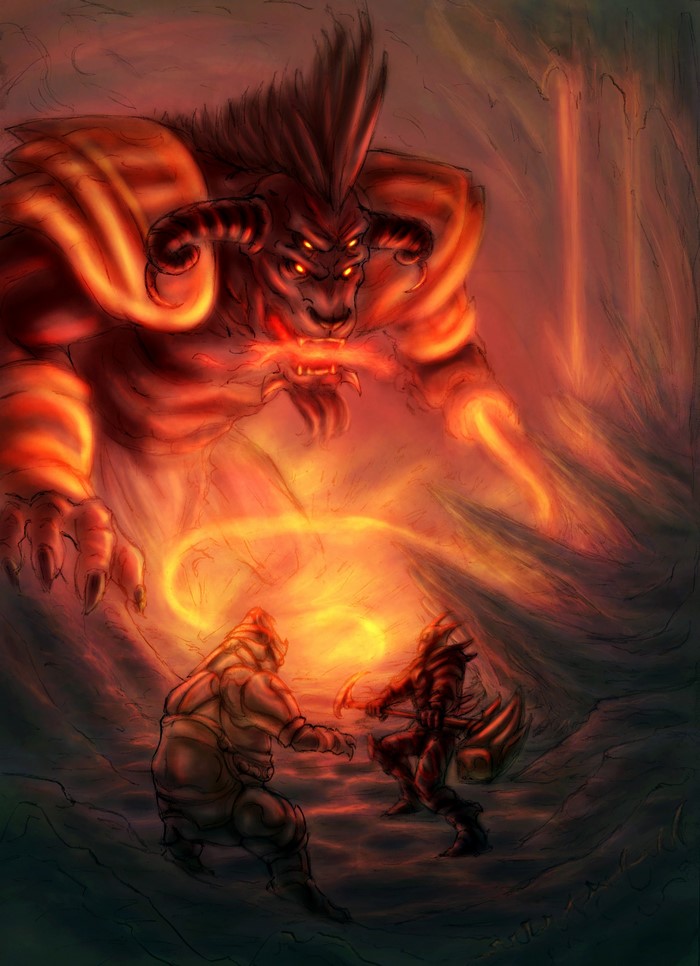 Giant fiery monster attacks two warriors in a cave