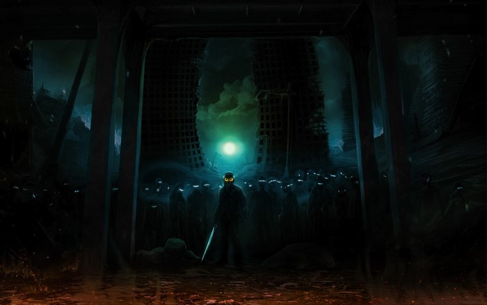 A lone figure stands before a horde in a ruined city