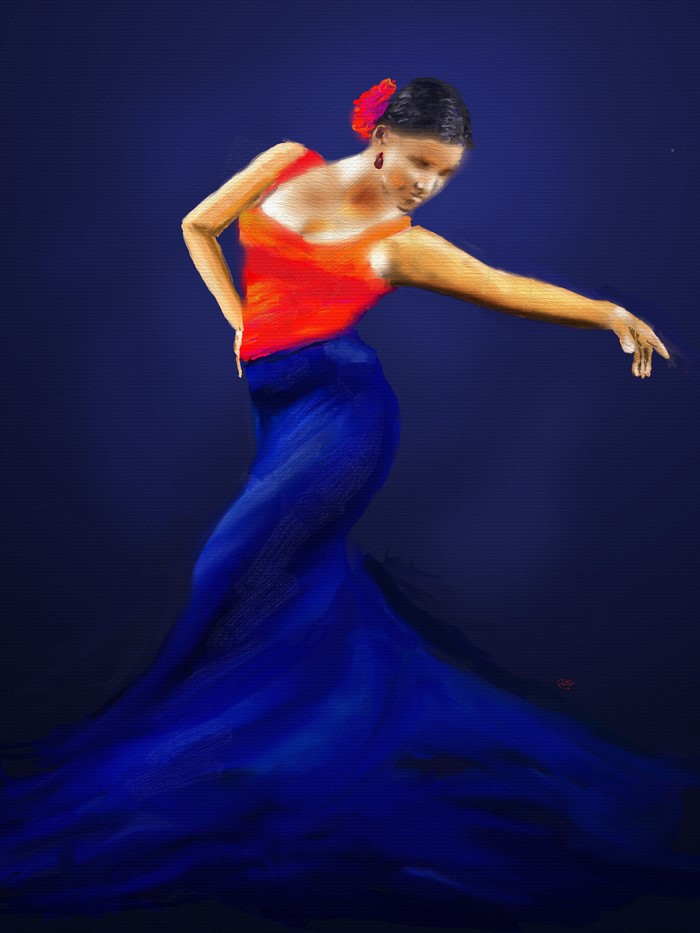 Flamenco Dancer in Red Top and Blue Dress