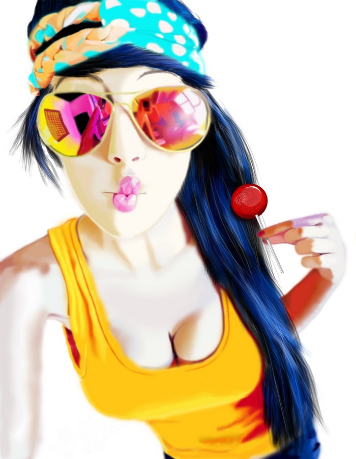 Painting of a girl with sunglasses and lollipop