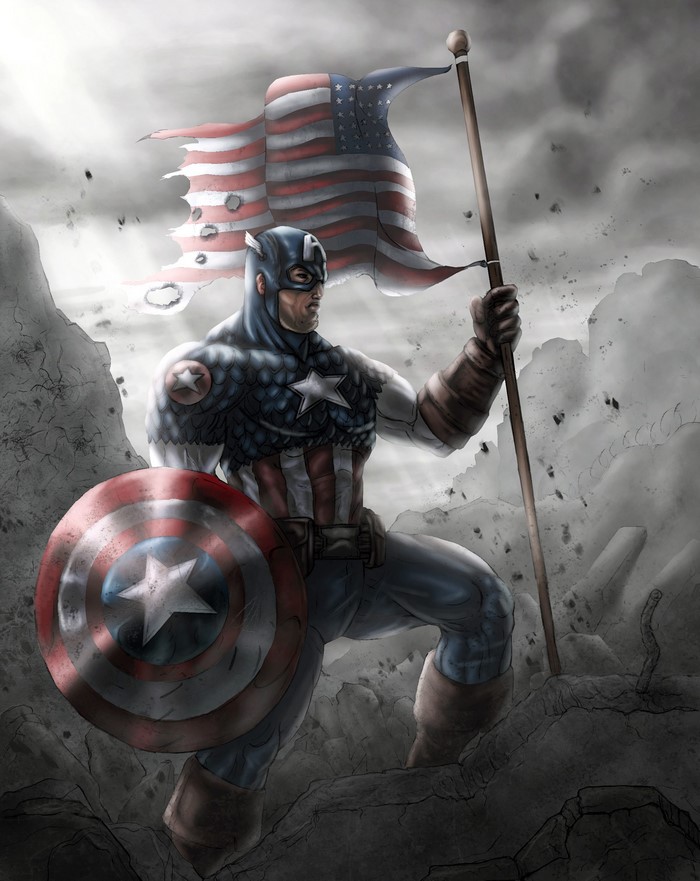 Captain America holding a tattered American flag