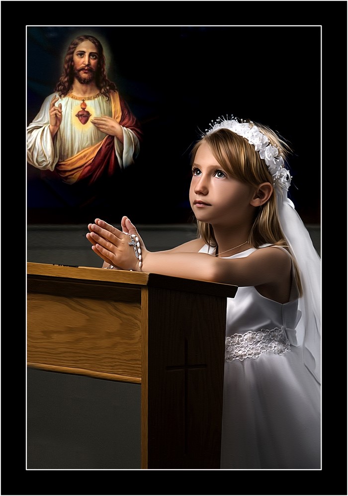 Girl praying before Jesus painting