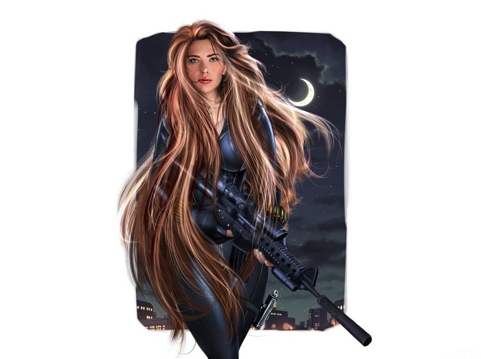 Black Widow with sniper rifle at night