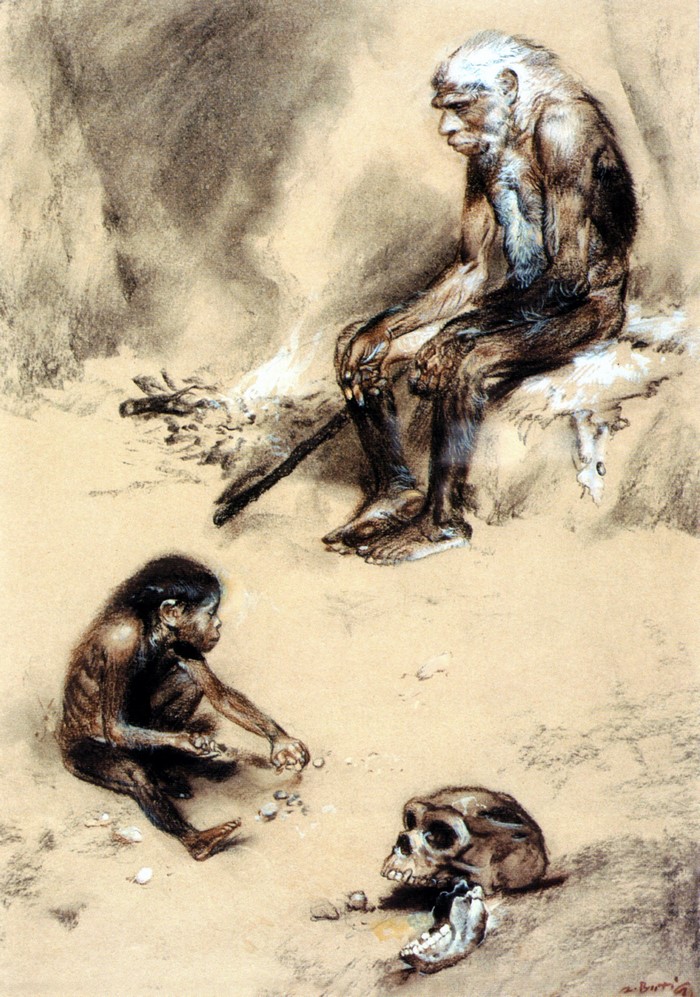 Neanderthal family with skull by Zdenek Burian